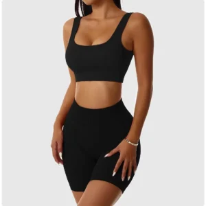 Conjunto Esportivo Feminino – Top e Shorts Seamless, Canelado e Confortável para Yoga e Academia