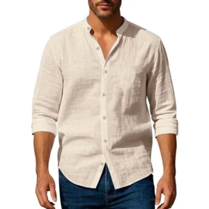 Camisa de algodão e linho masculina, gola Henley, cor sólida, leve, respirável, slim fit, camisa de abotoamento simples, manga comprida