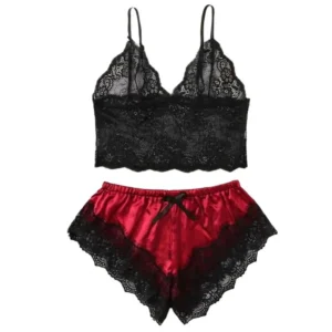 Shorts de spaghetti feminino, conjunto elástico de pijamas, camisola feminina monocromática, pijamas com renda
