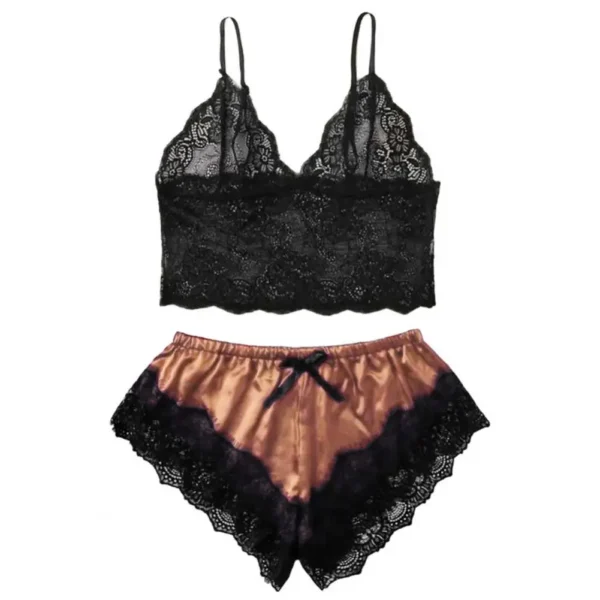 Shorts de spaghetti feminino, conjunto elástico de pijamas, camisola feminina monocromática, pijamas com renda - Imagem 4