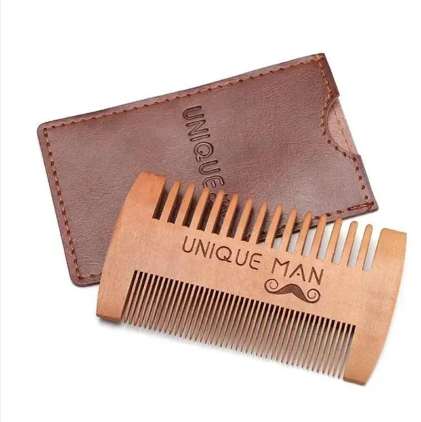 Pente de barba de madeira masculino com estojo de couro pente de cabelo de bigode para homens dentes finos grossos bálsamos de barba perfeitos pente de óleos essenciais - Imagem 3