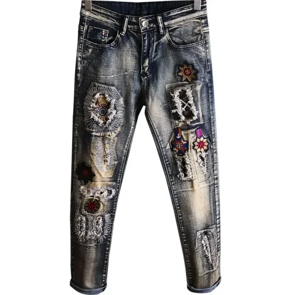 Calça retrô masculina de vaqueiro com buracos, quebrada, quebrada, calça cortada, jeans rasgado, bordada, luxo, plus size, barata, gótica - Imagem 6