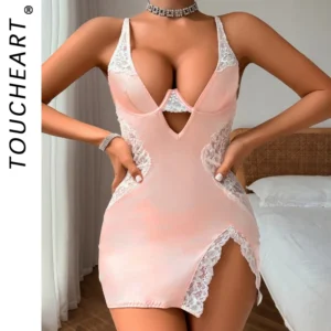 Conjunto de duas peças de lingerie sensual e sensual com suspensórios, conjunto de lingerie de renda com decote profundo e alças finas e sexy da Toucheart Lingeries