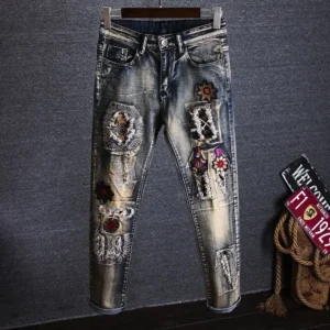 Calça retrô masculina de vaqueiro com buracos, quebrada, quebrada, calça cortada, jeans rasgado, bordada, luxo, plus size, barata, gótica