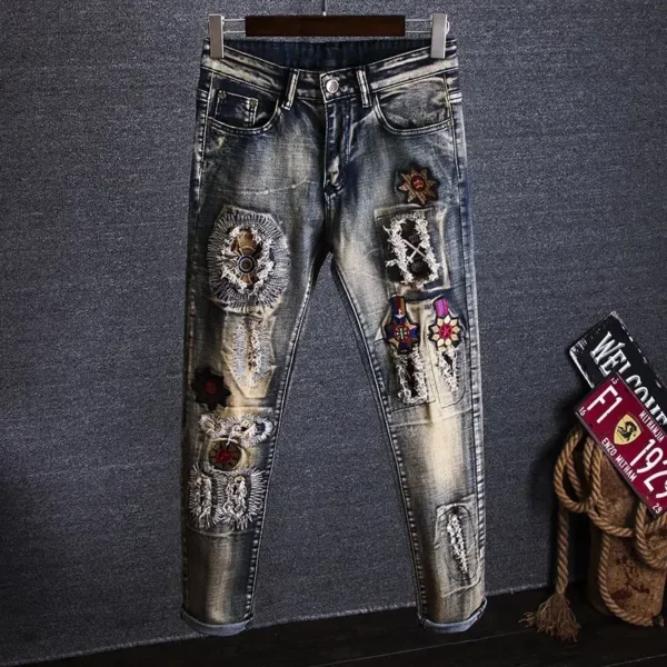 Calça retrô masculina de vaqueiro com buracos, quebrada, quebrada, calça cortada, jeans rasgado, bordada, luxo, plus size, barata, gótica