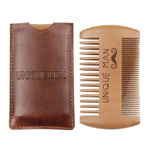 Pente de barba de madeira masculino com estojo de couro pente de cabelo de bigode para homens dentes finos grossos bálsamos de barba perfeitos pente de óleos essenciais