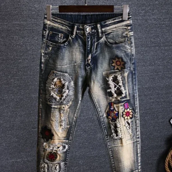 Calça retrô masculina de vaqueiro com buracos, quebrada, quebrada, calça cortada, jeans rasgado, bordada, luxo, plus size, barata, gótica - Imagem 4