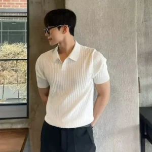 Camisa Polo Masculina 2025 – Gola V Estilosa em Malha de Seda Gelada, Listrada e Leve para o Verão