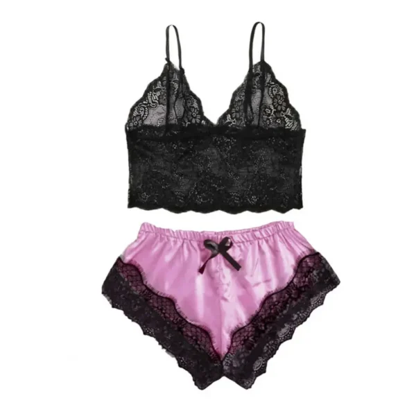 Shorts de spaghetti feminino, conjunto elástico de pijamas, camisola feminina monocromática, pijamas com renda - Imagem 3