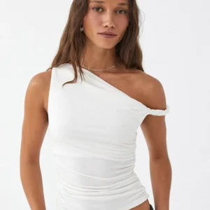 Simple Basic Casual Summer Tank Top Sleeveless Solid Color Off Shoulder Side Ruched Crop Tops Vestidos Spring Women T S