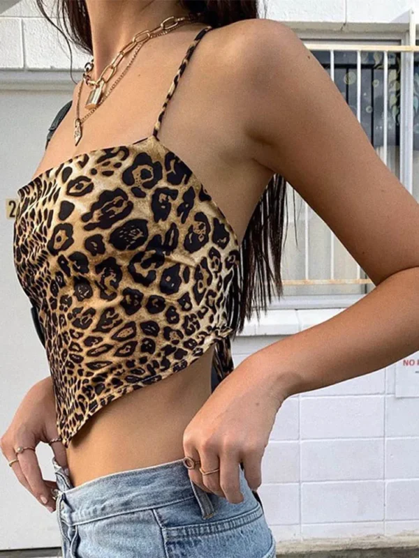Leopard Pattern Women Tank Tops Backless Sexy Rave Outfits Sleeveless Cross Lace Up Bralette Crop Top Summer Streetwear - Imagem 2