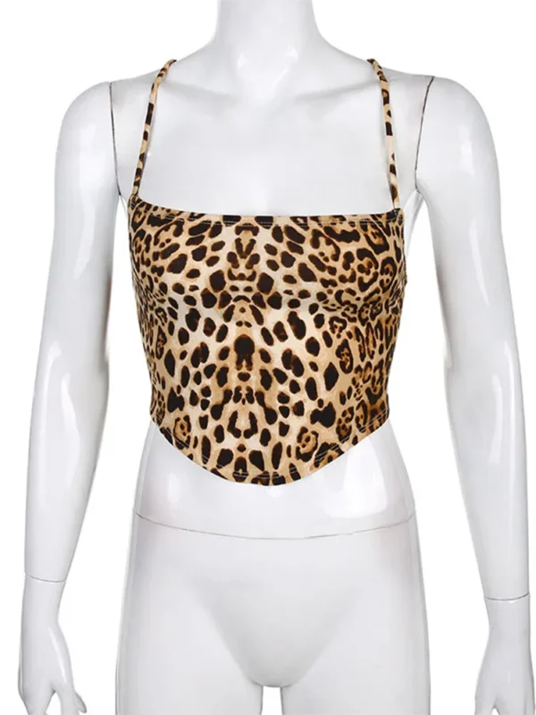 Leopard Pattern Women Tank Tops Backless Sexy Rave Outfits Sleeveless Cross Lace Up Bralette Crop Top Summer Streetwear - Imagem 4
