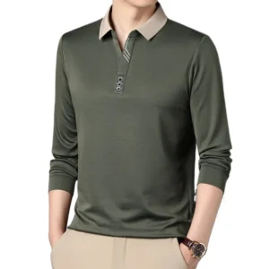 Camisa polo justa, elástica, masculina, top de manga comprida, monocromática, negócio, casual, clássico, moda, marca, outono