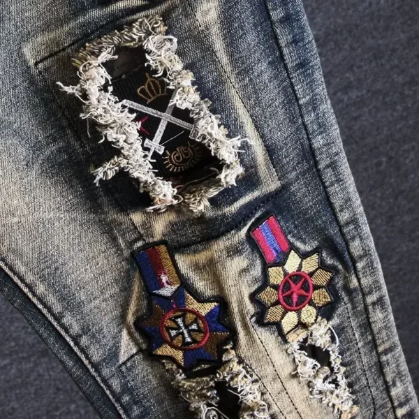 Calça retrô masculina de vaqueiro com buracos, quebrada, quebrada, calça cortada, jeans rasgado, bordada, luxo, plus size, barata, gótica - Imagem 3