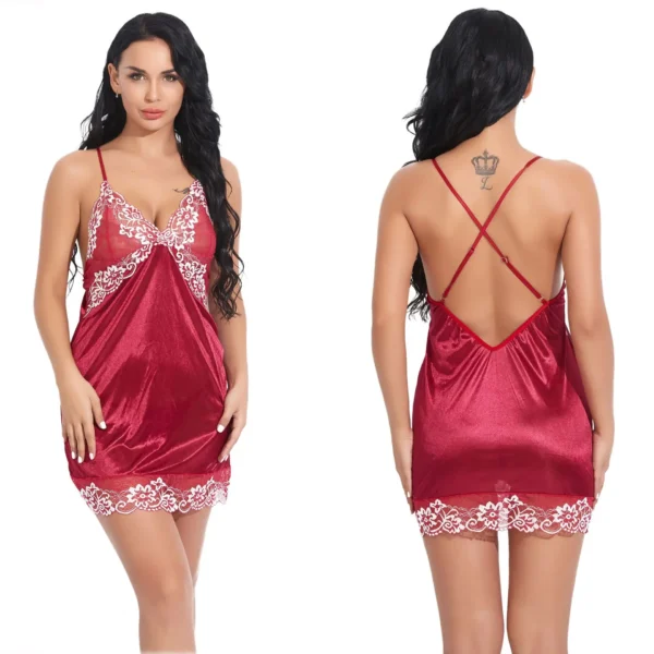 Pijama feminino sexy com virilha aberta e decote em V, camisola de seda sem mangas, roupa íntima plus size de renda, babydoll, vestido sexual - Imagem 5