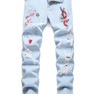 Jeans desgastados azul claro masculino com bordado de cores brincalhão, calças jeans casuais americanas de ajuste solto para homens