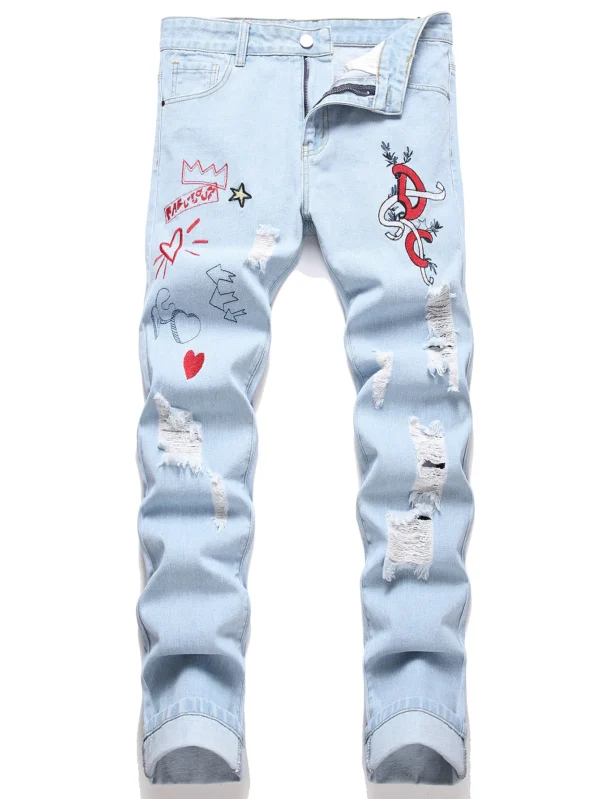 Jeans desgastados azul claro masculino com bordado de cores brincalhão, calças jeans casuais americanas de ajuste solto para homens