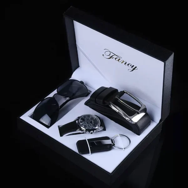 Relógios masculinos, conjunto de presente empresarial com caixa, relógio de quartzo, óculos de sol, chaveiro, cintos para homens, marido, dia dos pais, presentes de aniversário - Imagem 2