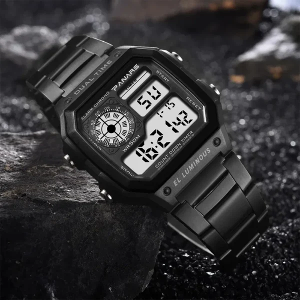 PANARS Top Luxo Aço Desbloqueado Strap Esporte Relógios Mens À Prova D 'Água Back Light Digital Relógio De Pulso Masculino Alarme - Imagem 5