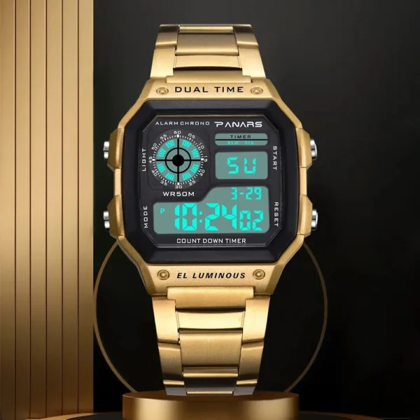 PANARS Top Luxo Aço Desbloqueado Strap Esporte Relógios Mens À Prova D 'Água Back Light Digital Relógio De Pulso Masculino Alarme - Imagem 4