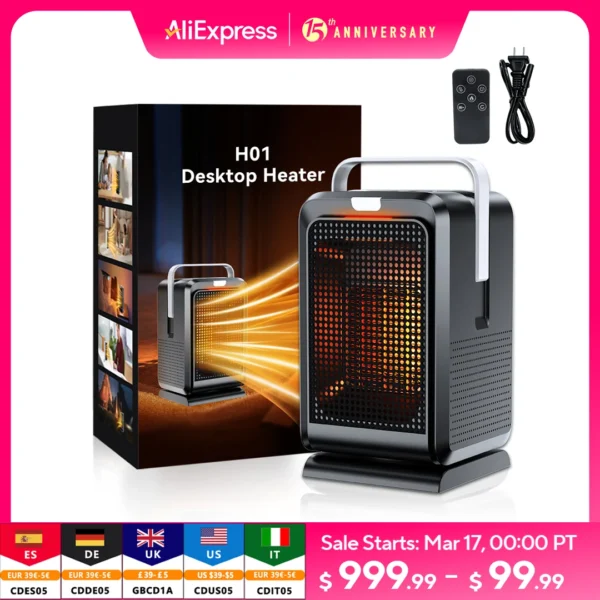 Aquecedor portátil 1000W com aquecimento rápido PTC e controle remoto – ideal para casa e escritório