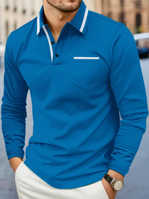 Primavera e outono, moda mais vendida, golfe masculino, bolso de lapela, confortável, casual, esportivo, cor sólida, manga comprida, top respirável - Imagem 2
