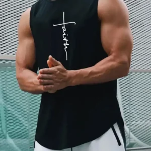 Camiseta regata masculina com estampa de letras simples de verão, gola redonda, academia, treinamento fitness, colete esportivo