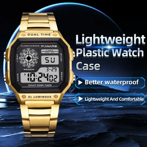 PANARS Top Luxo Aço Desbloqueado Strap Esporte Relógios Mens À Prova D 'Água Back Light Digital Relógio De Pulso Masculino Alarme - Imagem 2