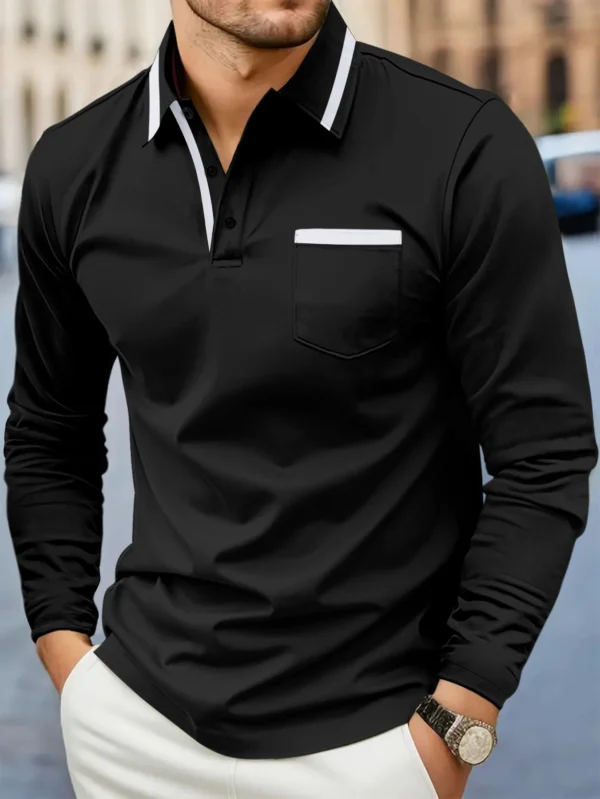 Primavera e outono, moda mais vendida, golfe masculino, bolso de lapela, confortável, casual, esportivo, cor sólida, manga comprida, top respirável - Imagem 5
