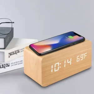 Despertador digital de madeira com carregamento sem fio, relógio LED com hora, data, temperatura, relógios de mesa para escritório, relógio de cabeceira