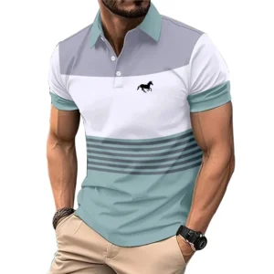 Camisa polo masculina com estampa de logotipo, roupas de verão, lapela, manga curta, camisa polo casual de golfe.