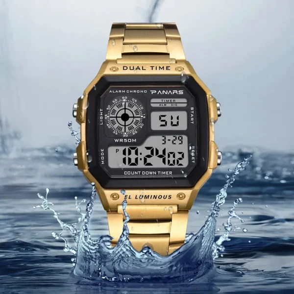 PANARS Top Luxo Aço Desbloqueado Strap Esporte Relógios Mens À Prova D 'Água Back Light Digital Relógio De Pulso Masculino Alarme - Imagem 3