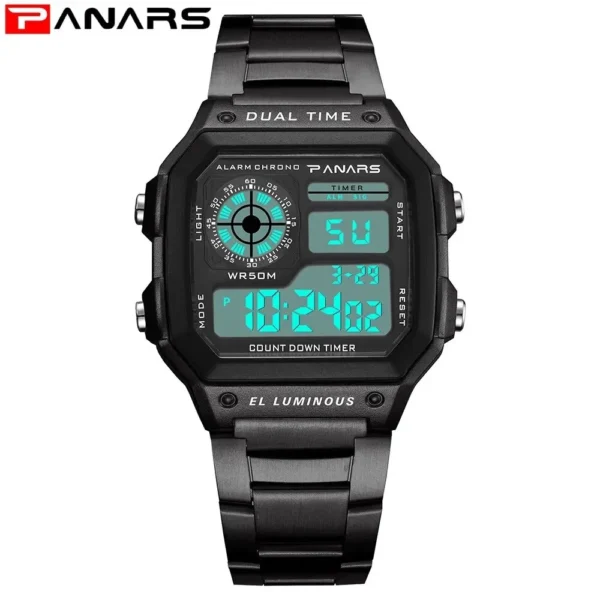 PANARS Top Luxo Aço Desbloqueado Strap Esporte Relógios Mens À Prova D 'Água Back Light Digital Relógio De Pulso Masculino Alarme - Imagem 6