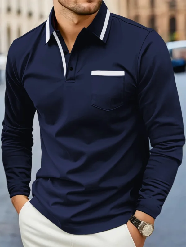 Primavera e outono, moda mais vendida, golfe masculino, bolso de lapela, confortável, casual, esportivo, cor sólida, manga comprida, top respirável - Imagem 4
