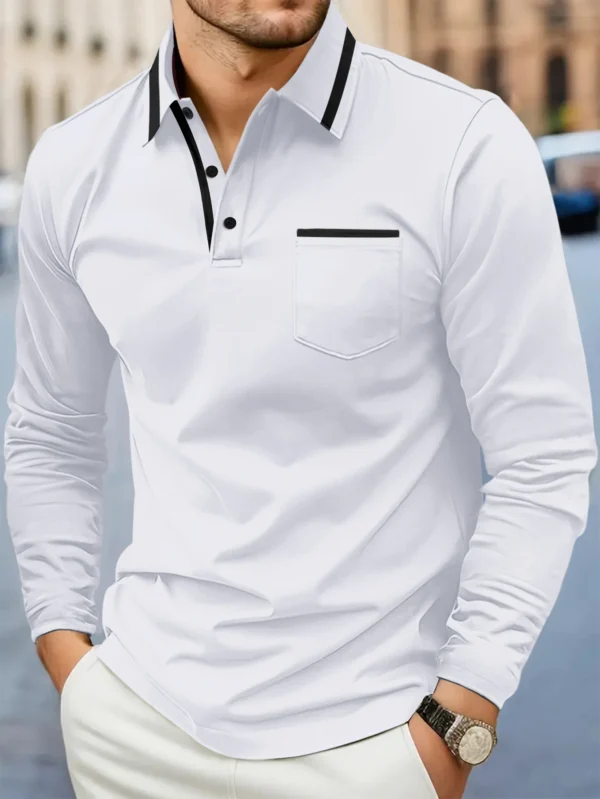 Primavera e outono, moda mais vendida, golfe masculino, bolso de lapela, confortável, casual, esportivo, cor sólida, manga comprida, top respirável - Imagem 3