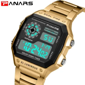 PANARS Top Luxo Aço Desbloqueado Strap Esporte Relógios Mens À Prova D 'Água Back Light Digital Relógio De Pulso Masculino Alarme