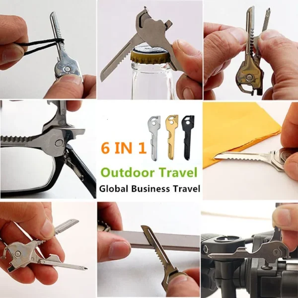 1pc suíço 6 em 1 tecnologia útil faca multifuncional utili-chave chaveiro pingente chave de fenda abridor de garrafa acampamento edc ferramenta ao ar livre - Imagem 2